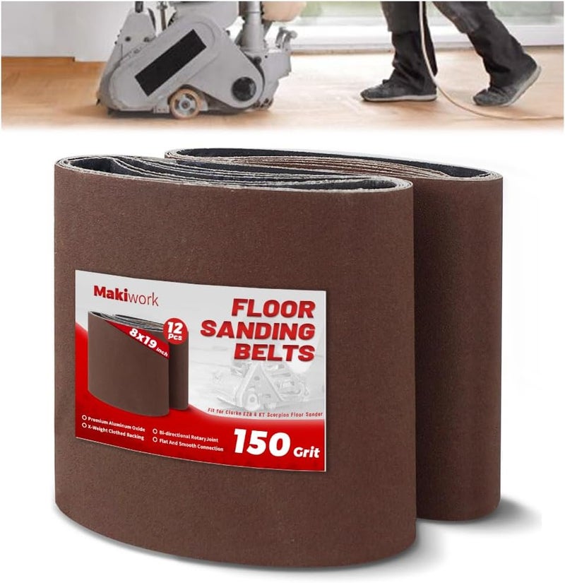 makiwork 8 inch x 19 inch 150 Grit Sanding Belts, 12 Pack, EZ 8 Drum Sander Sandpaper Rolls for Woodworking and Floor Polishing, Aluminum Oxide Sander Sleeves - Image 1